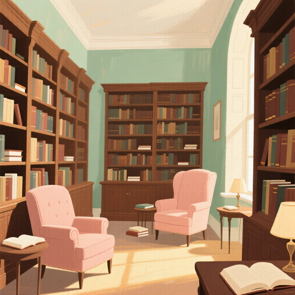 A quiet village library filled with tall wooden bookshelves