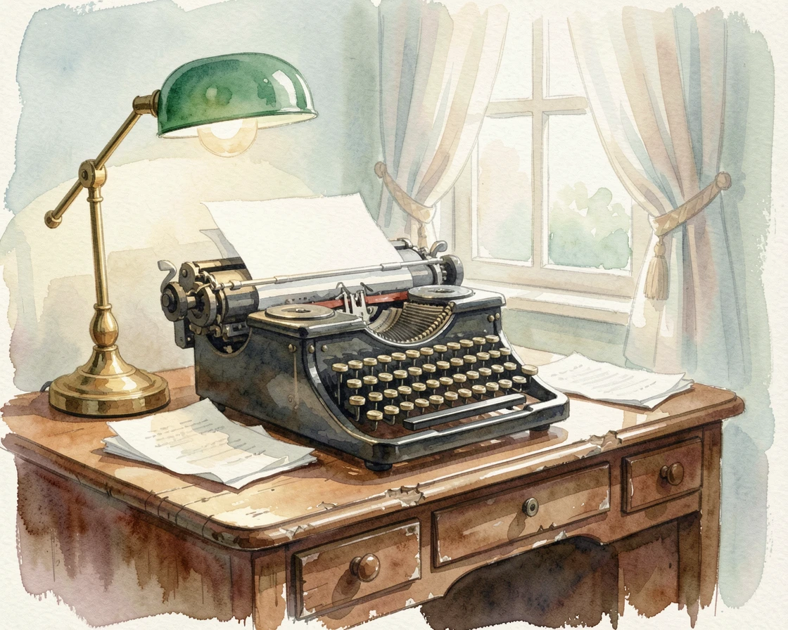 A home office with a vintage typewriter and desk lamp.