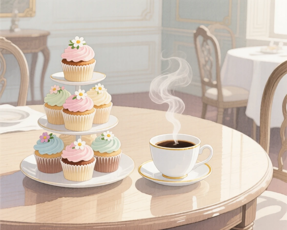 A tower of cupcakes sits next to a steaming cup of coffee in an elegant dining room, arranged beautifully for a delightful meal