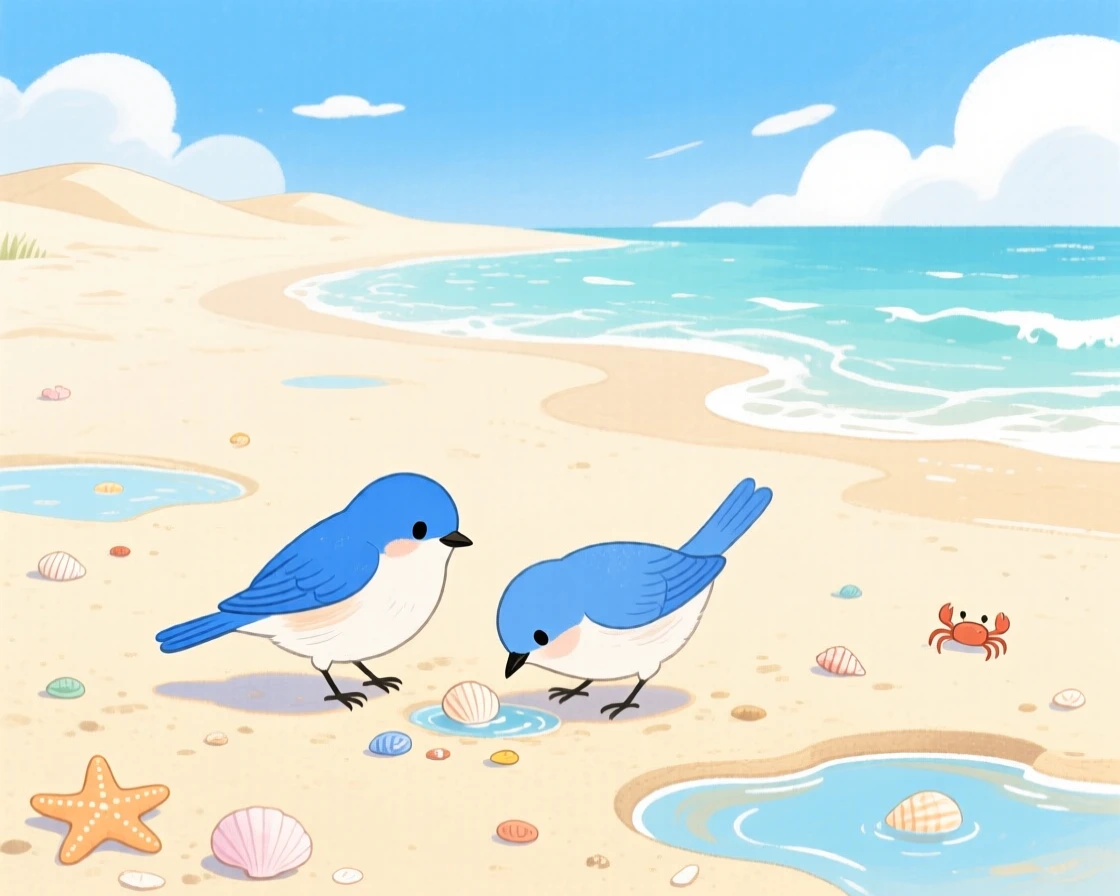 A pair of nesting bluebirds exploring a sandy beach at low tide on a warm summer day.