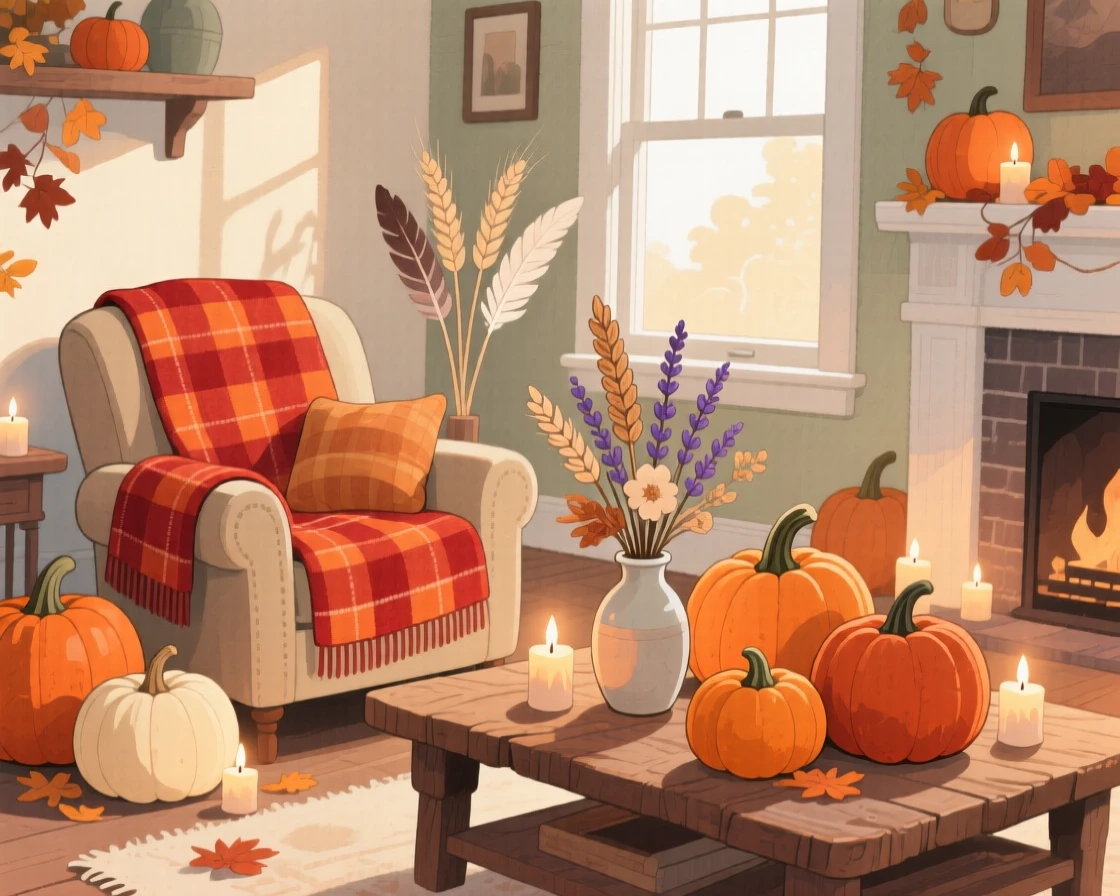 A living room decorated for autumn with pumpkins, candles, and a plaid throw blanket, with dried flowers tucked into a small vase, capturing the quiet beauty of everyday rituals.