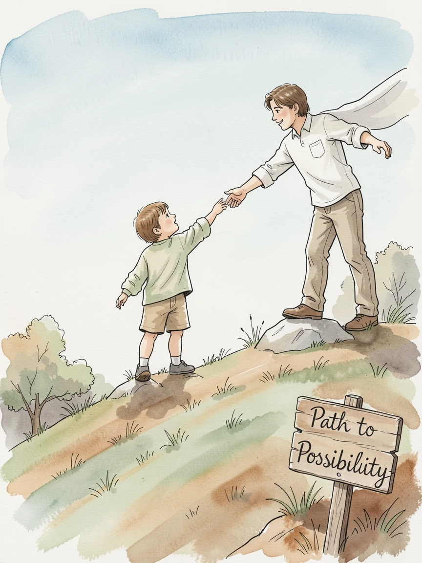 A child reaching for the outstretched hand of a parent atop a hill, a quiet sense of hope and possibility filling the scene.