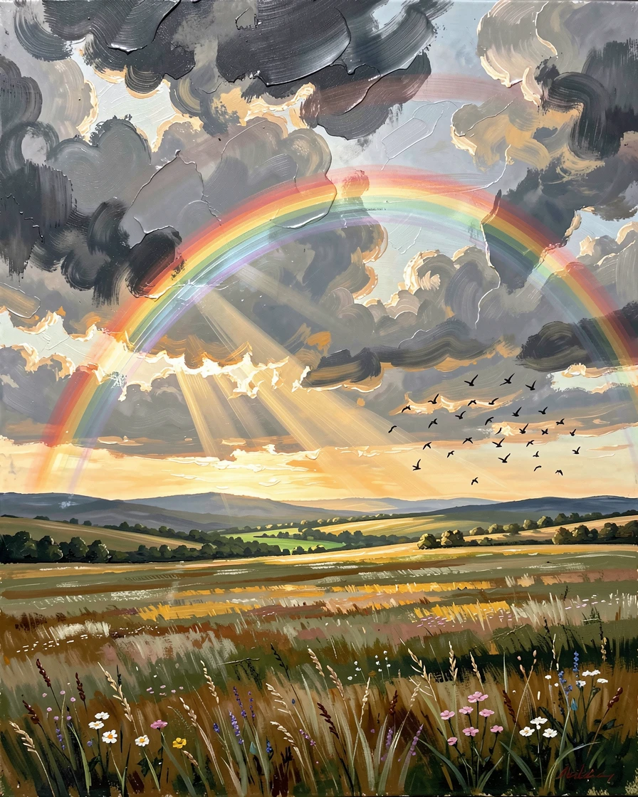 Above a wide, open field stretching to the horizon, a double rainbow arching over a green valley, birds scattering ahead of the approaching storm, just before sunset, light breaking dramatically through the clouds.