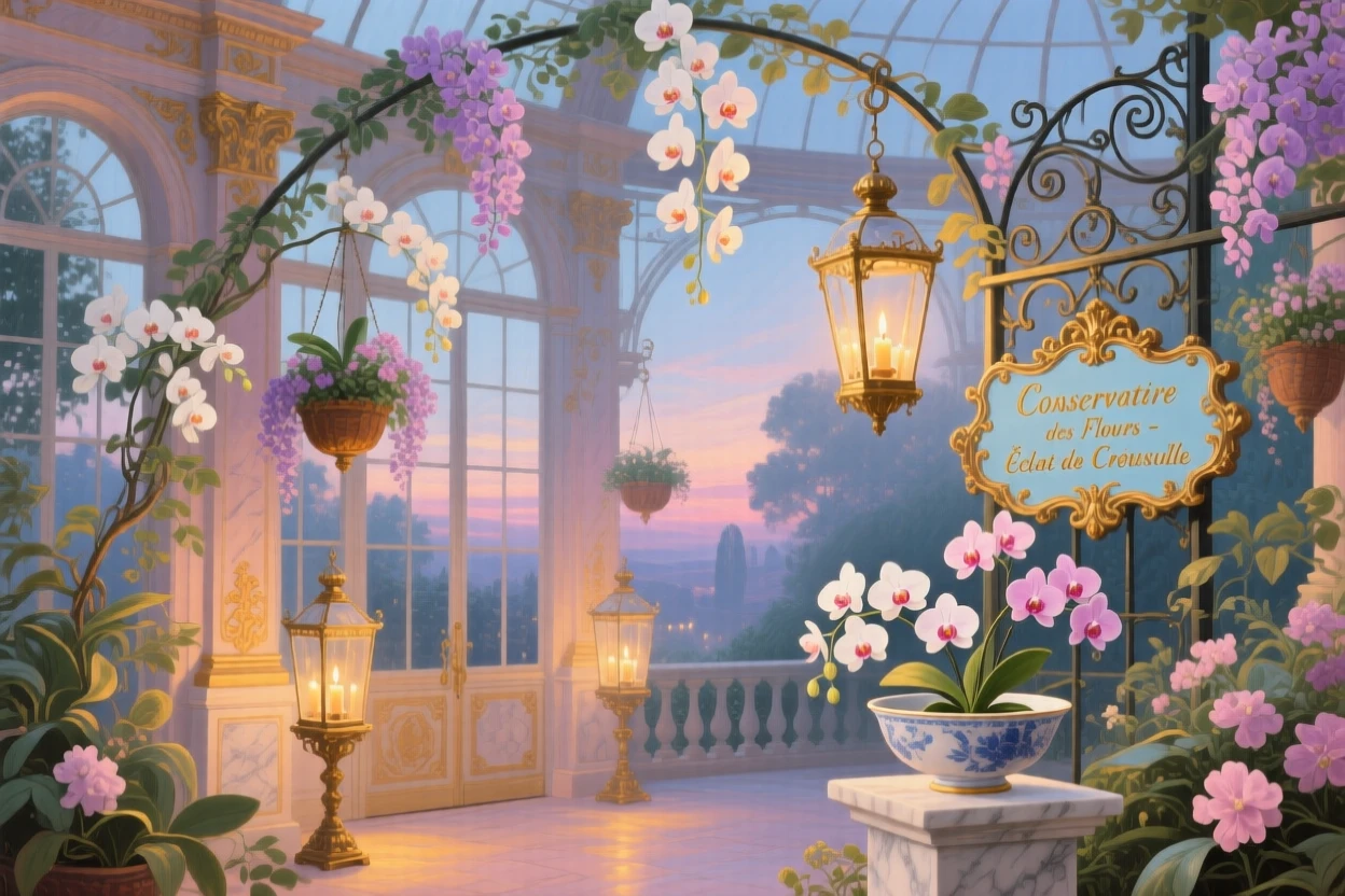 A palace conservatory glowing at twilight with orchids and lanterns  