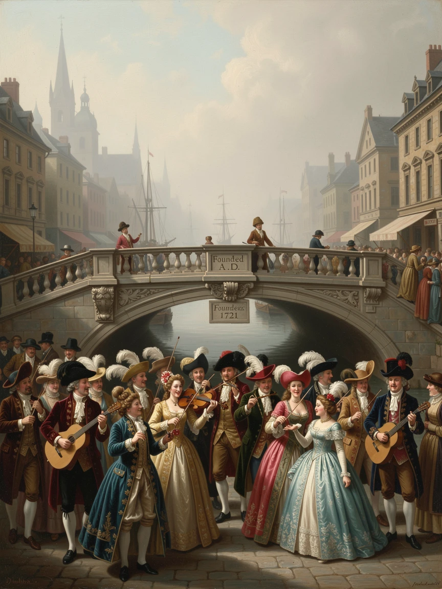 A procession of nobles plays in a bustling city bridge as fog rolls in from the harbor.