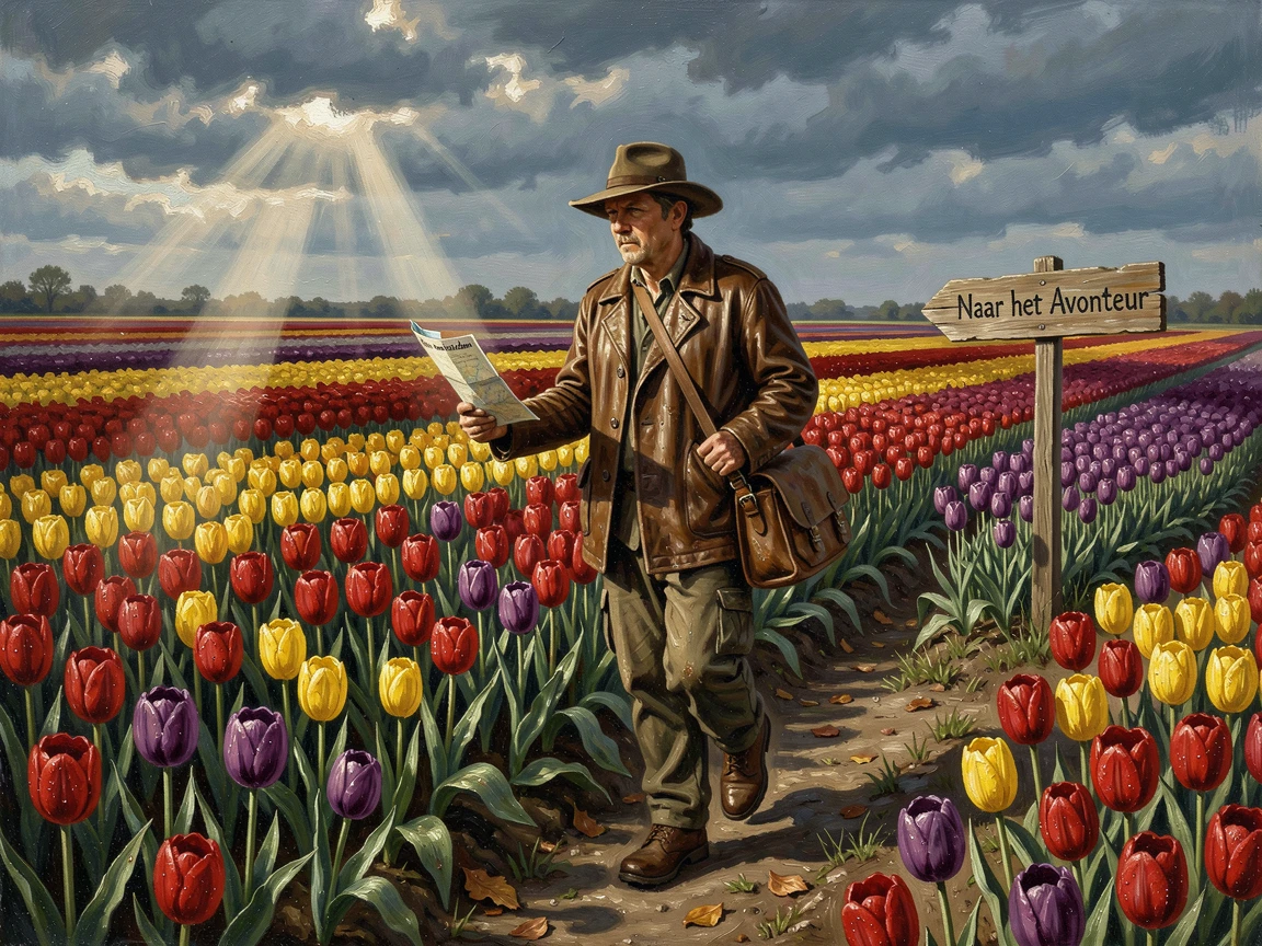 A traveler wandering through a vibrant field of tulips in the Netherlands, as dramatic natural light enhances the excitement of the journey, evoking wanderlust and the irresistible call of adventure