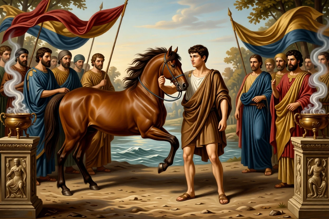 A young Alexander taming the wild stallion Bucephalus before a crowd of nobles amid swirling banners and rising dust, set beside the rushing waters of a mythic river, as smoke from ceremonial braziers curls upward past carved friezes; the crowd forms a natural frame around the central action, charged with heroic resolve and quiet foreboding.