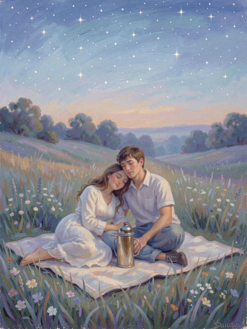 A young couple stargazing on a blanket in a meadow, a thermos of tea between them, filled with a cozy, comforting atmosphere.