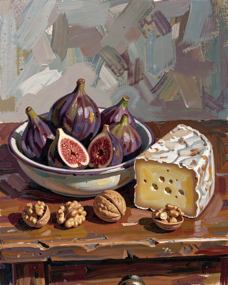 A bowl of fresh figs and walnuts arranged beside a wedge of aged cheese.