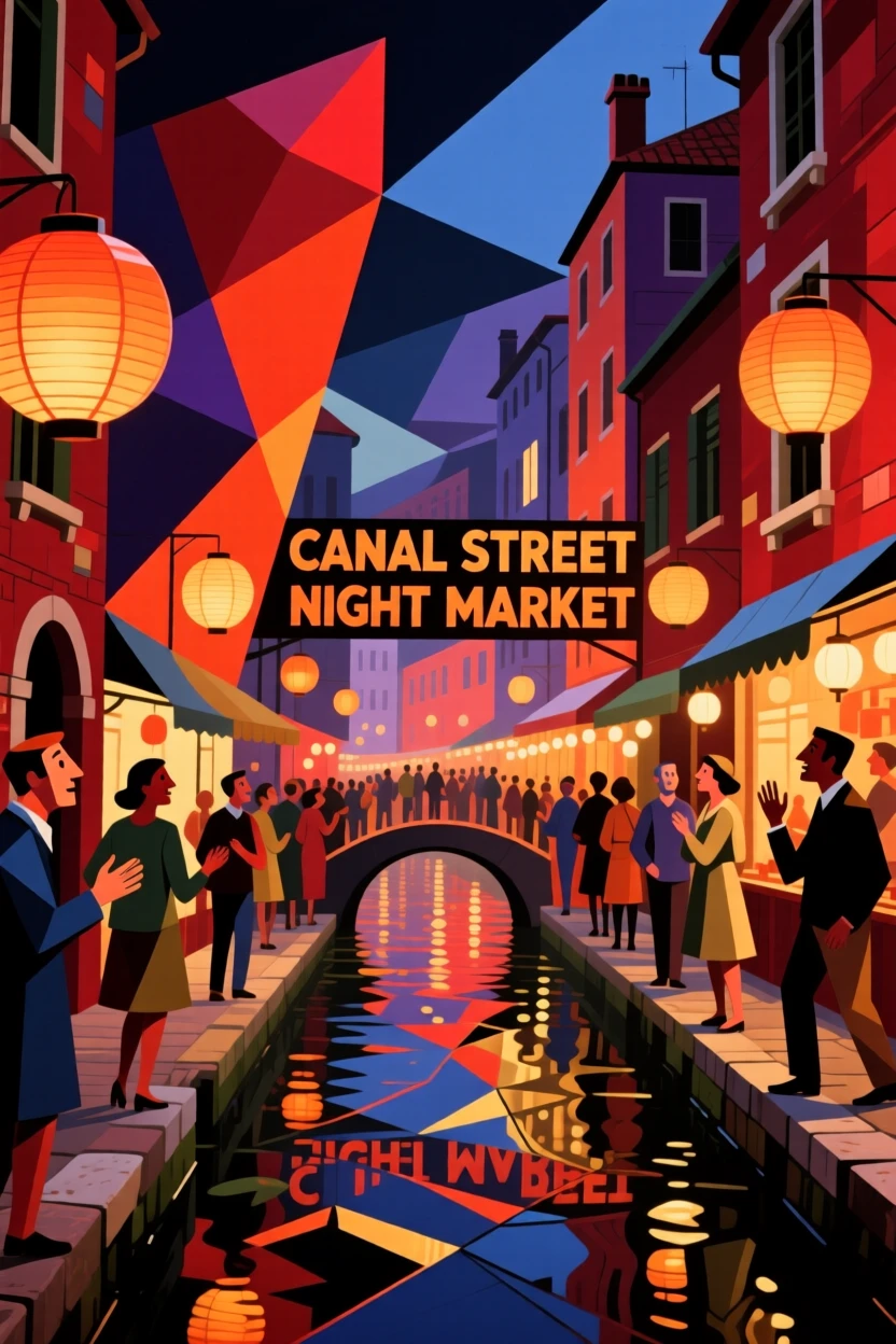 A vibrant scene of a lantern-lit canal street filled with the chatter of locals and travelers.
