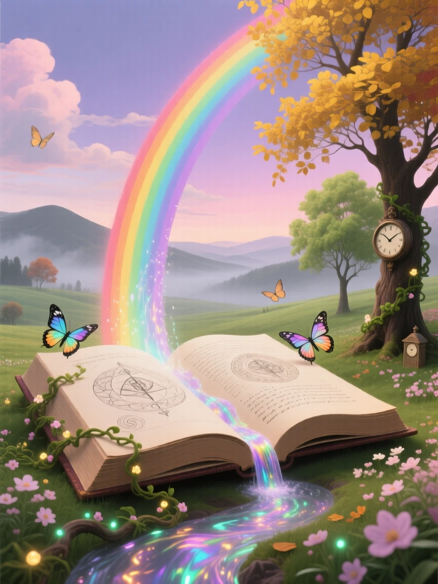 A rainbow that arcs directly into the open pages of a book drifts softly through a landscape caught between seasons, as distant hills fade slowly into soft grey mist.