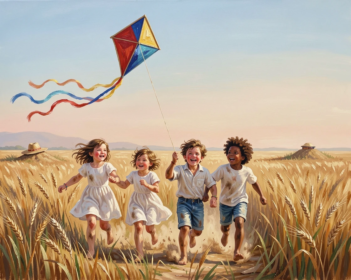A group of children run through a golden wheat field chasing a kite, its colorful tail whipping through the breeze above them, a quiet warmth radiating from the interaction, grounded in small authentic details.