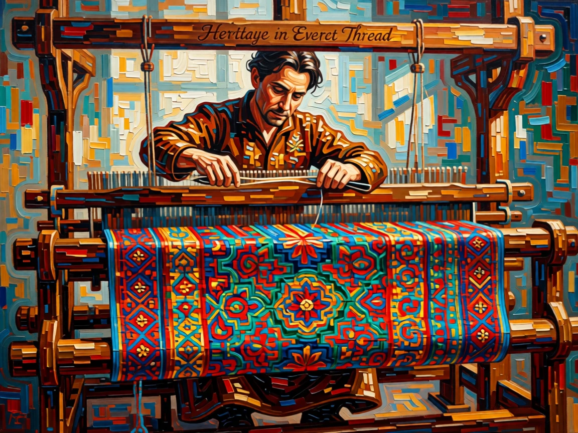 A weaver working an enormous tapestry loom, vibrant threads forming an intricate pattern