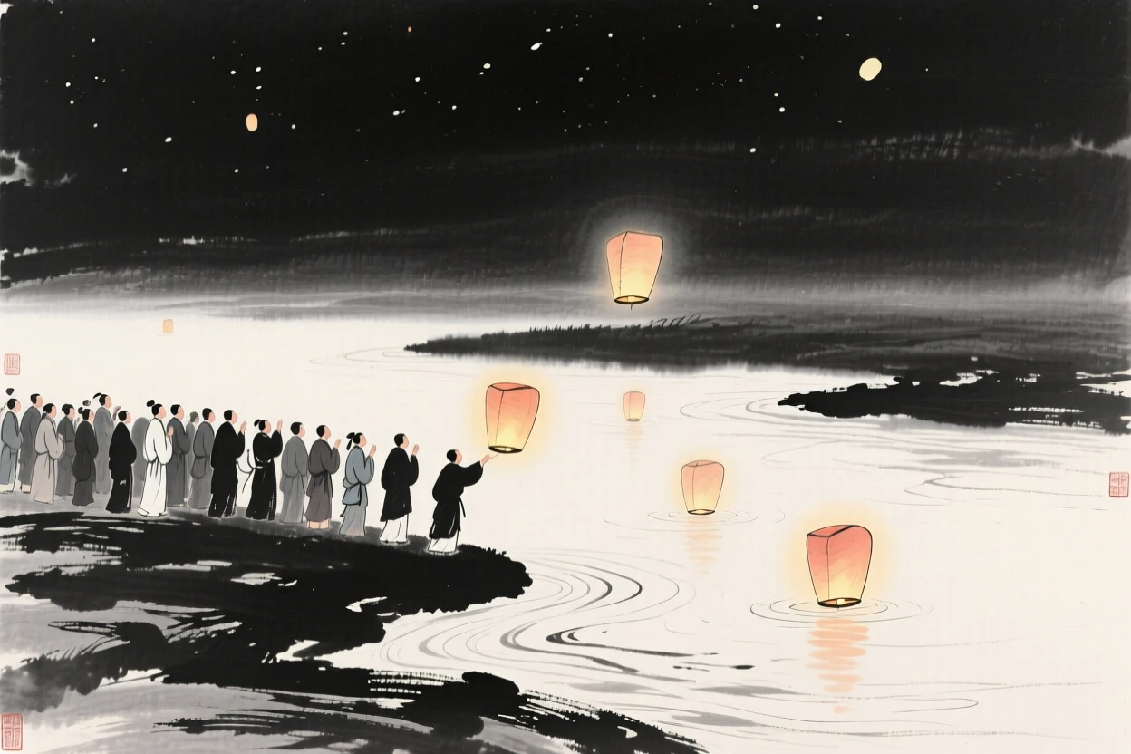 A crowd gathers along a riverbank to release floating lanterns at night, as the last lanterns drift slowly out of sight.