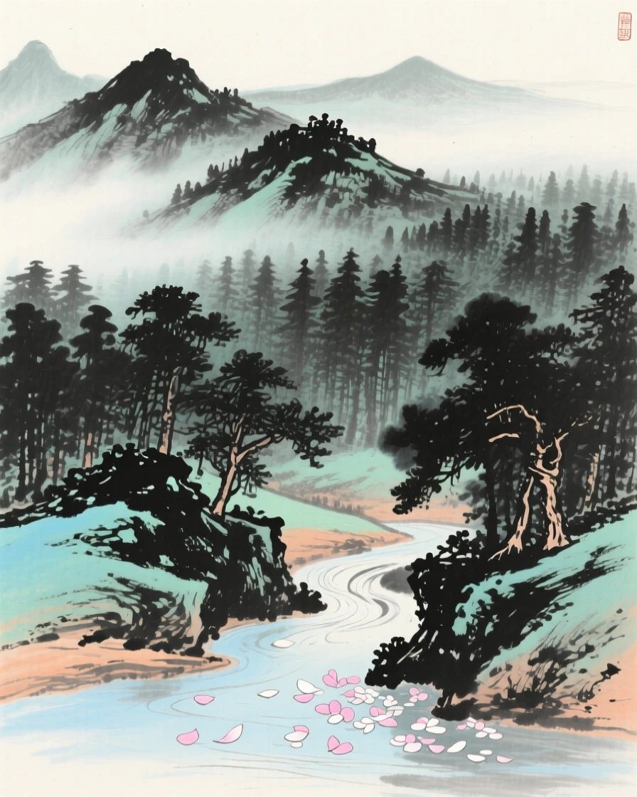A mist-covered ridge line at the edge of a vast forest, where fallen petals drift slowly downstream, conveying a deep sense of harmony with nature.