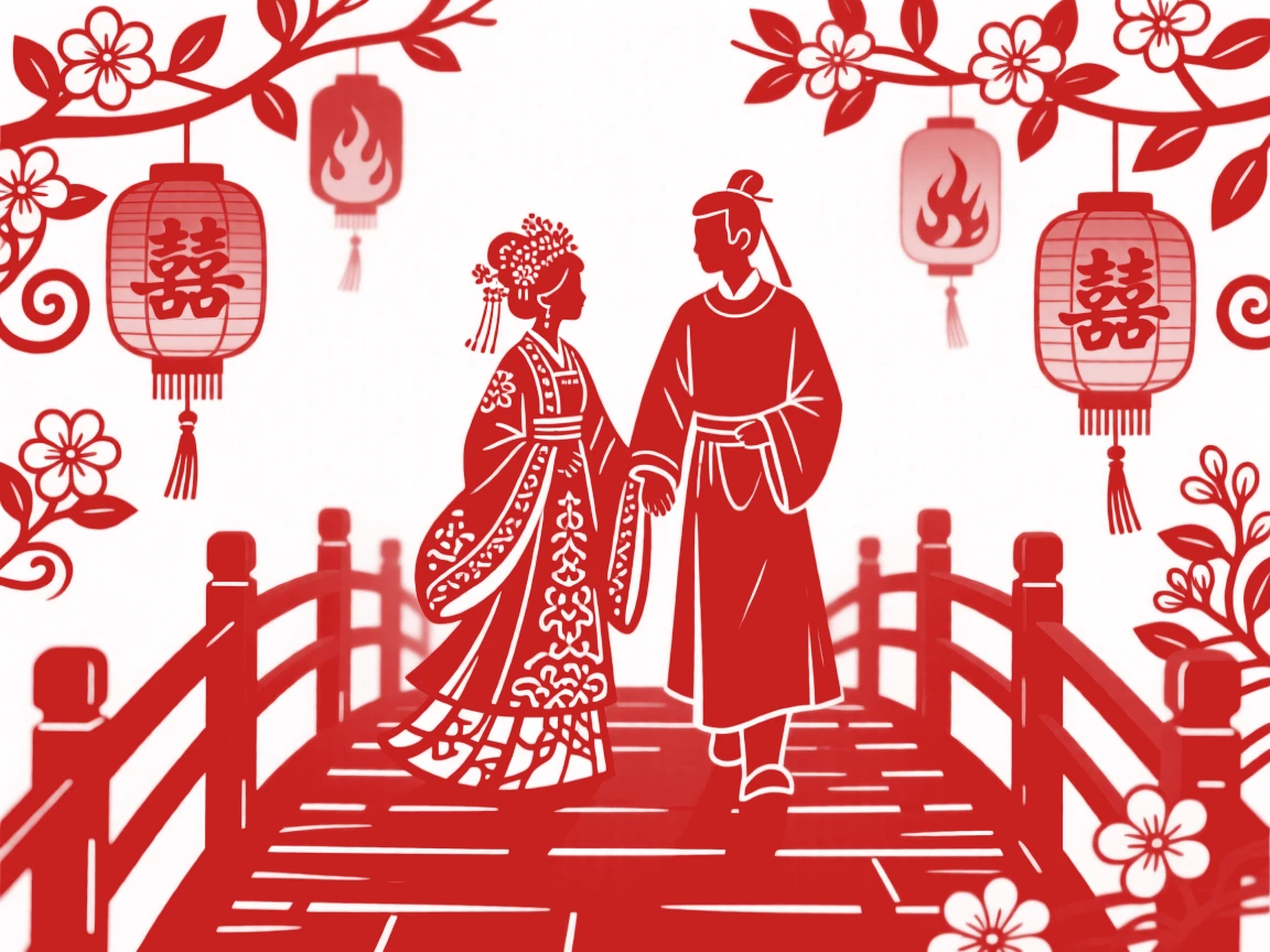 A bride and groom walking hand in hand along a lantern-lit bridge, the scent of jasmine filling the evening air.