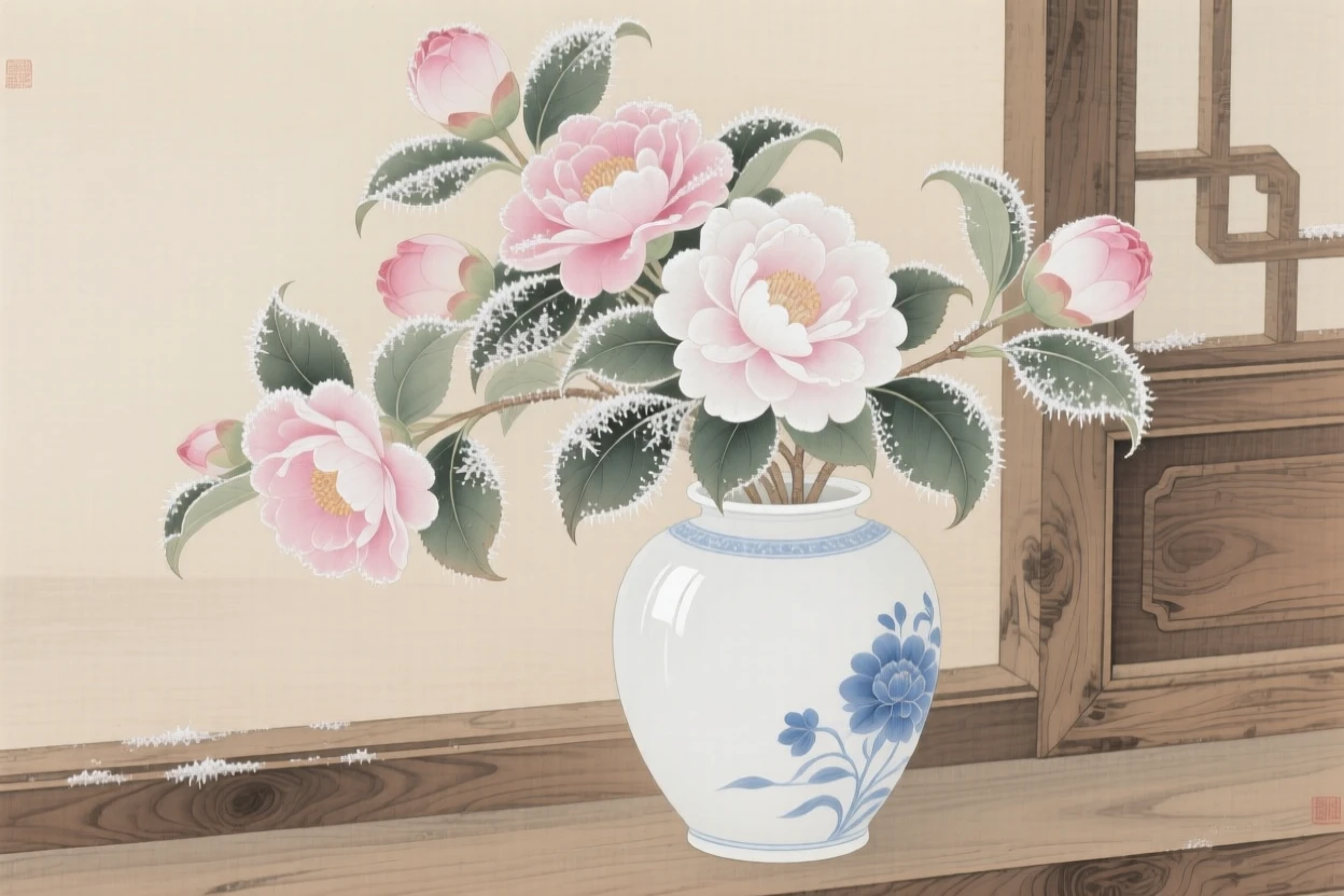 Camellias dusted with morning frost in a porcelain vase on a wooden windowsill