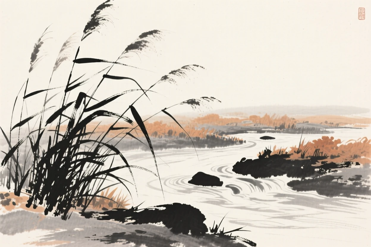 A stand of autumn reeds along the bank of a slow-moving stream, rendered in close, intimate detail, evoking quiet elegance and simple grace.