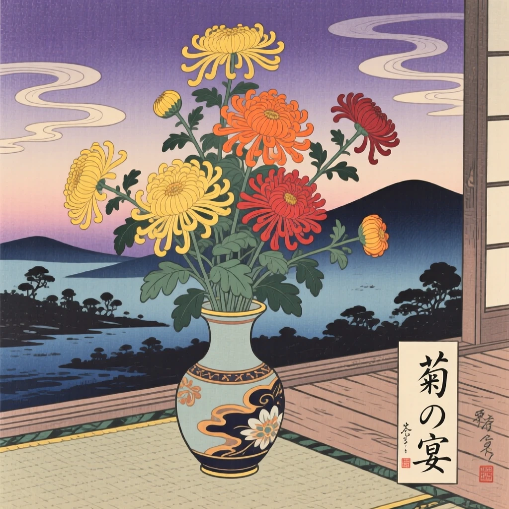 A bouquet of chrysanthemums glowing softly at dusk.