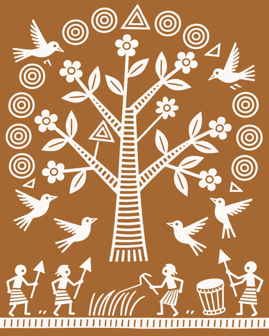 A composition centered on a tree of life encircled by birds and blooming branches.