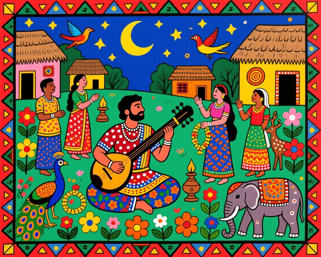 A traveling musician welcomed warmly into a village for the night.