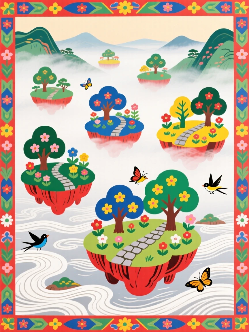 A floating archipelago of small gardens drifting slowly above a misty valley.