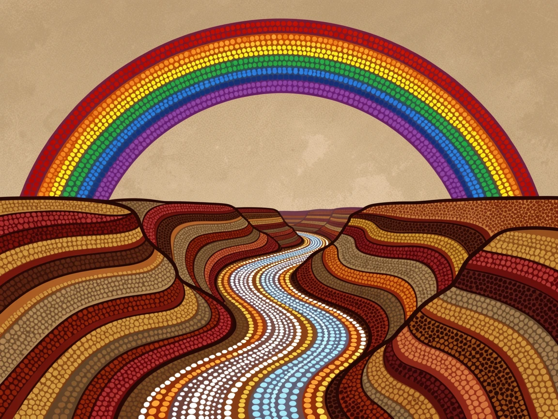 A glowing canyon beneath a rainbow after rain