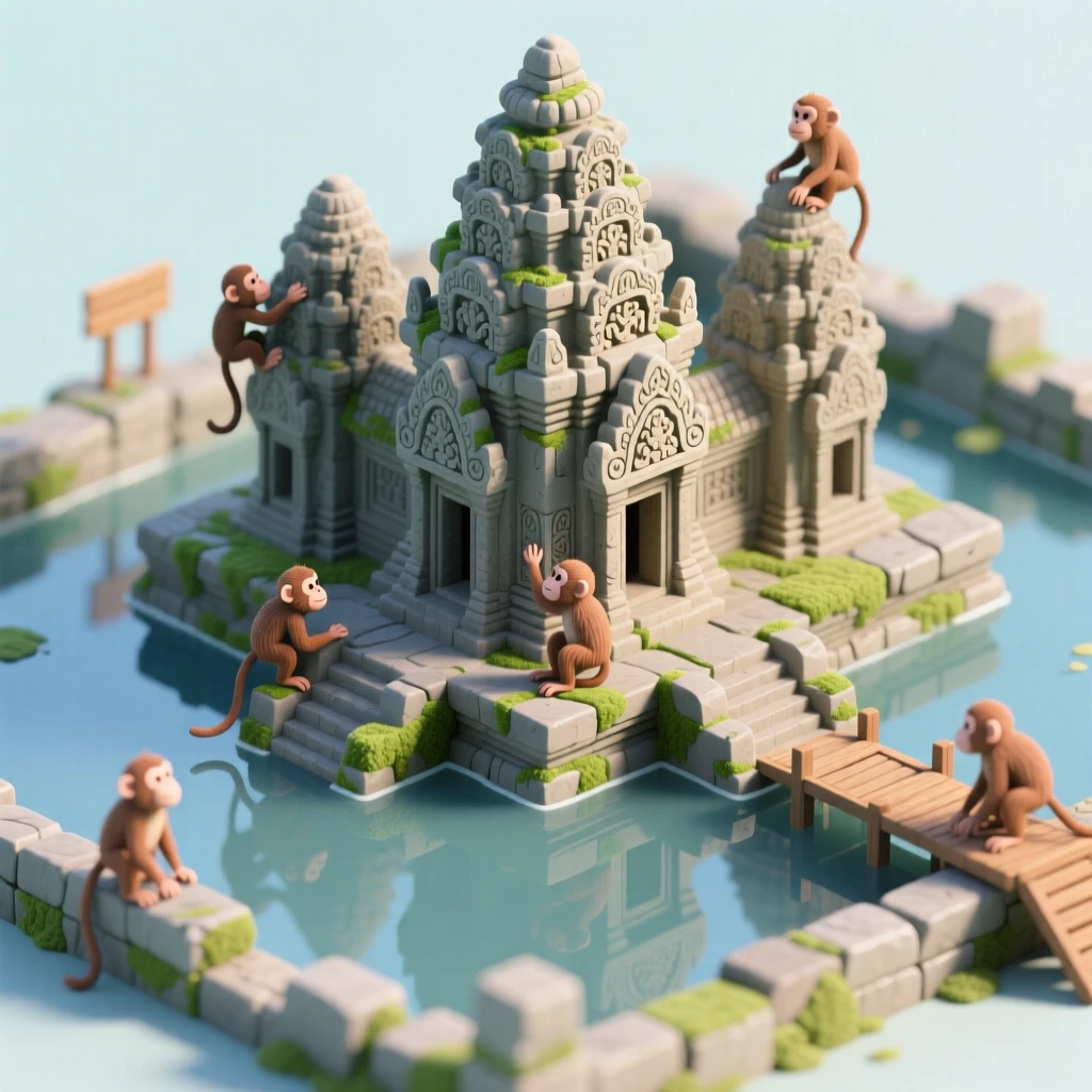 An ancient Khmer temple complex with intricate stone carvings, a moat reflecting the towers, and monkeys climbing the ruins.
