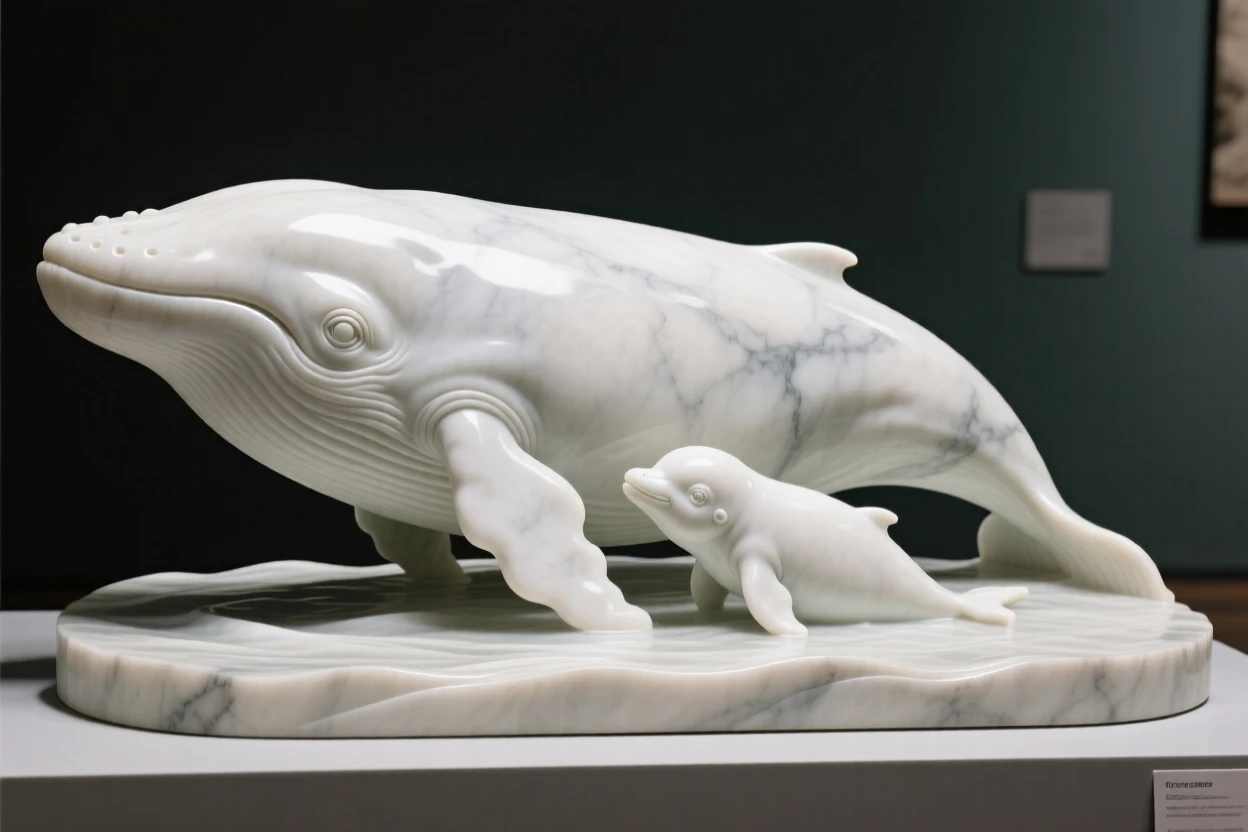 An evocative depiction of a mother whale swimming beside her calf, in a moment of quiet stillness, balancing detail with emotional depth
