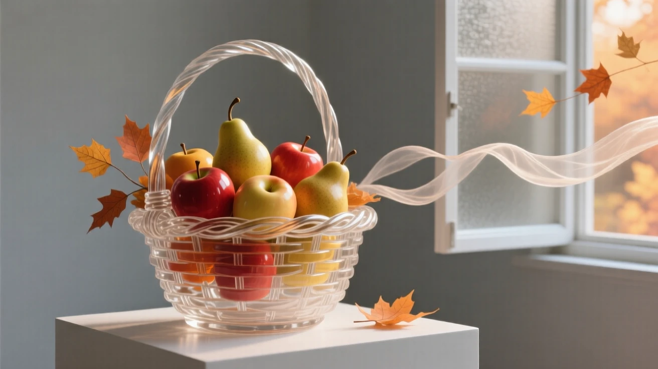 A basket overflowing with autumn apples and pears while a warm breeze drifts through a nearby open window