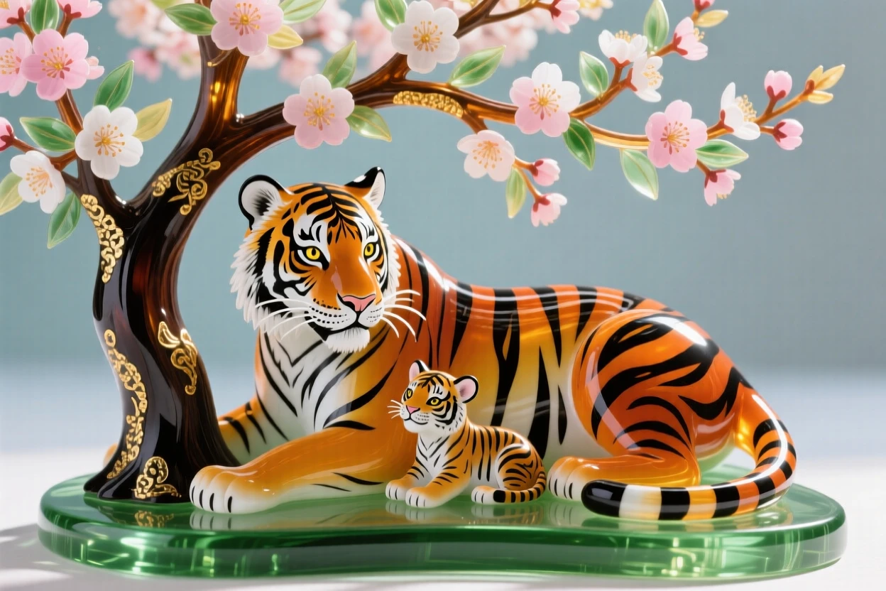 A mother tiger and cubs resting beneath a blossoming tree at the height of midday, tender and majestic.