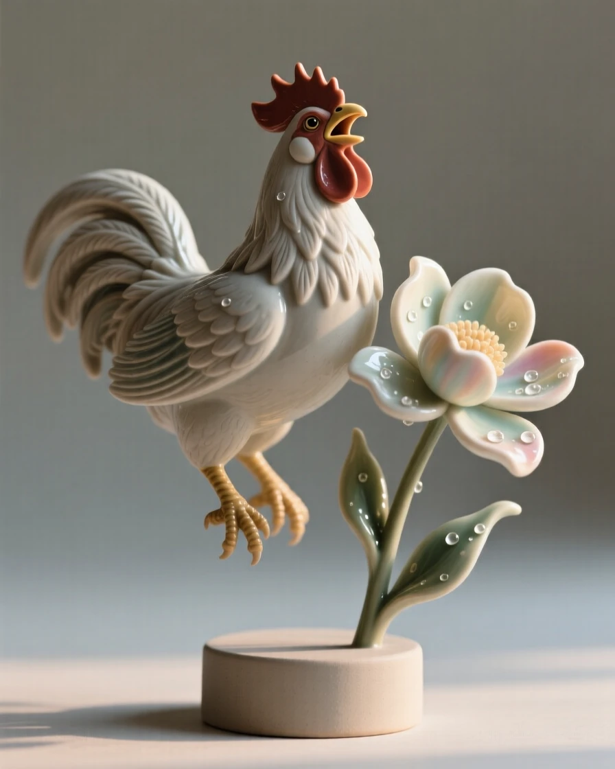 A rooster crowing at first light frozen mid-hover beside a bloom, glistening with a light morning dew, capturing a serene moment suspended in time.