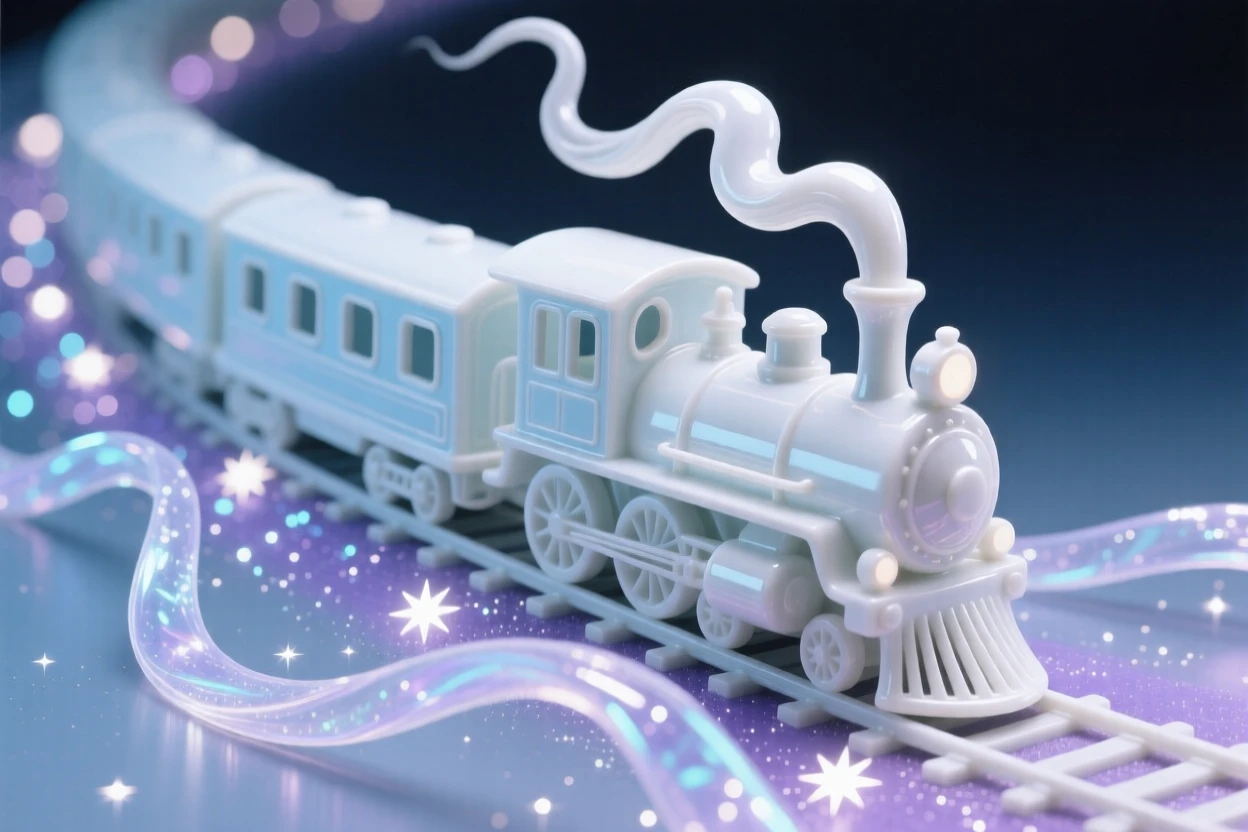A dreamlike scene of a train traveling along tracks made of starlight, rendered with soft, dreamlike light.