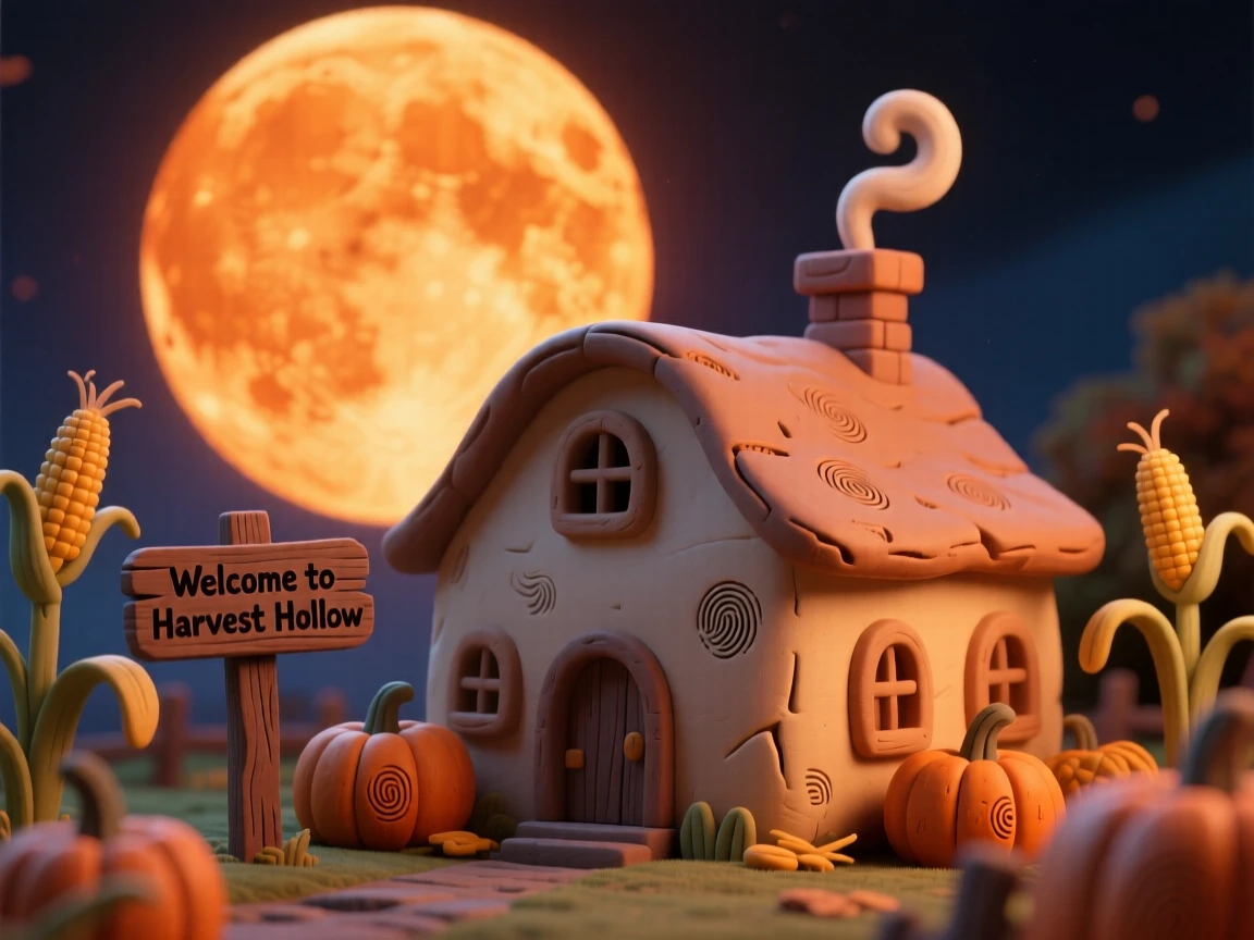 An autumn harvest moon rising huge and orange over a farmhouse