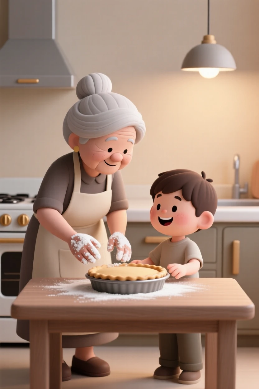 A gentle grandmother bakes a pie with her grandson, both dusted in flour and giggling in a warm kitchen.
