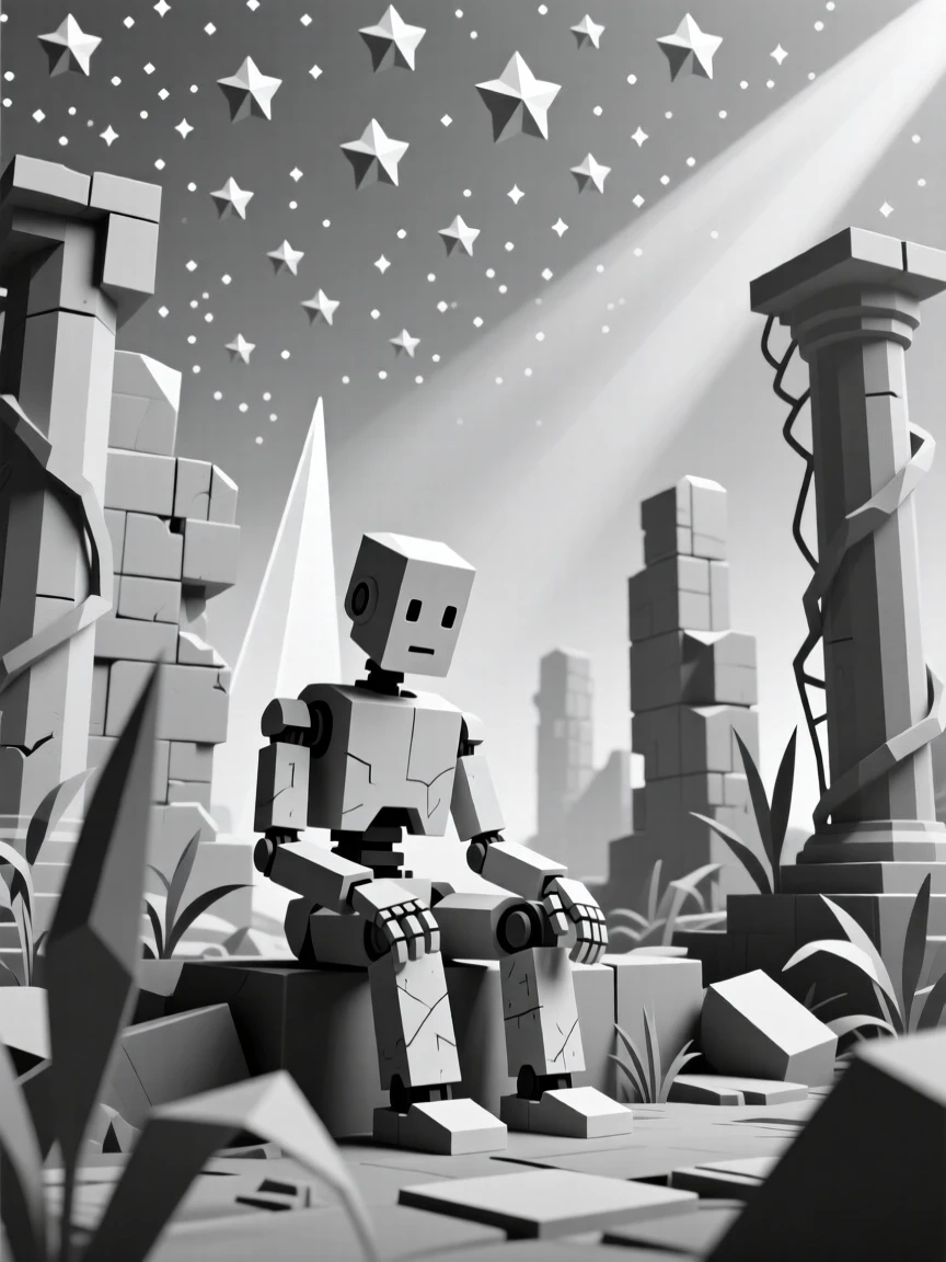 A time-worn robot sitting quietly among overgrown ruins, beneath a sky filled with countless stars. reflections and light rays add a layer of visual depth. There is a dreamlike, otherworldly quality to the moment.