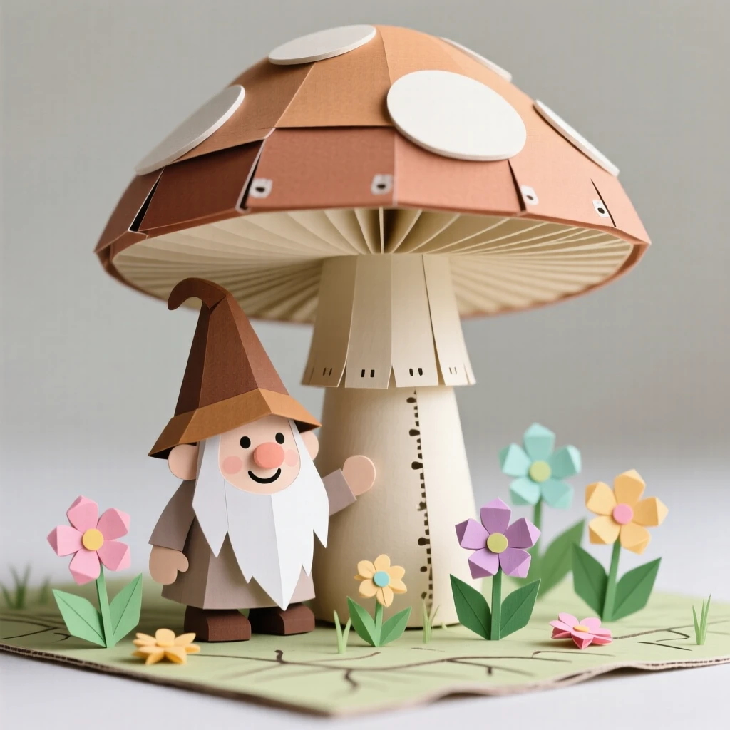 A tiny acorn-capped gnome peeking out from behind a giant mushroom, with little flowers blooming in its wake, capturing joyful, lighthearted wonder.