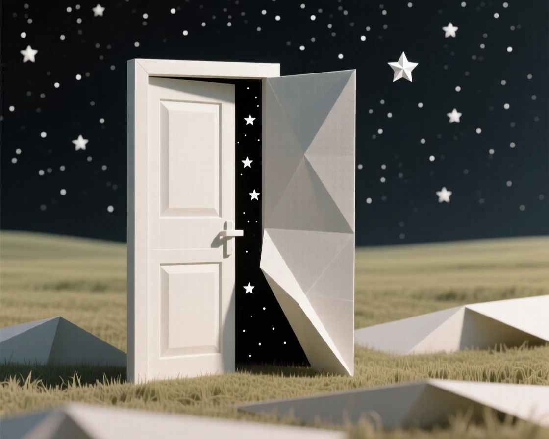 A door standing alone in an open field, opening onto a sky full of stars.