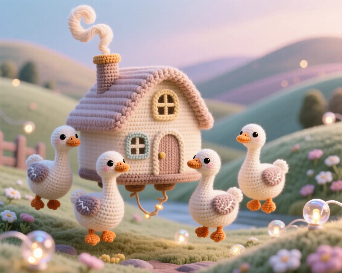 An imaginative scene of a small floating cottage carried by a friendly flock of geese with smoke curling gently from its chimney, drifting above a quiet countryside floating gently above a quiet valley; a scattering of tiny glowing lights nearby, full of a dreamlike, storybook charm.