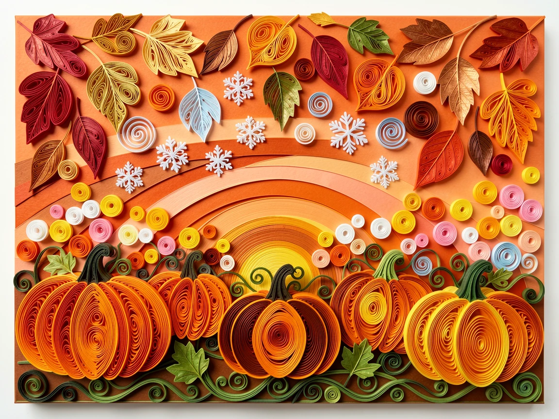 A festive holiday scene of a Halloween pumpkin patch under an orange sunset beneath a canopy of falling autumn leaves, with soft snowflakes drifting gently down, captured with festive bokeh lights in the background.
