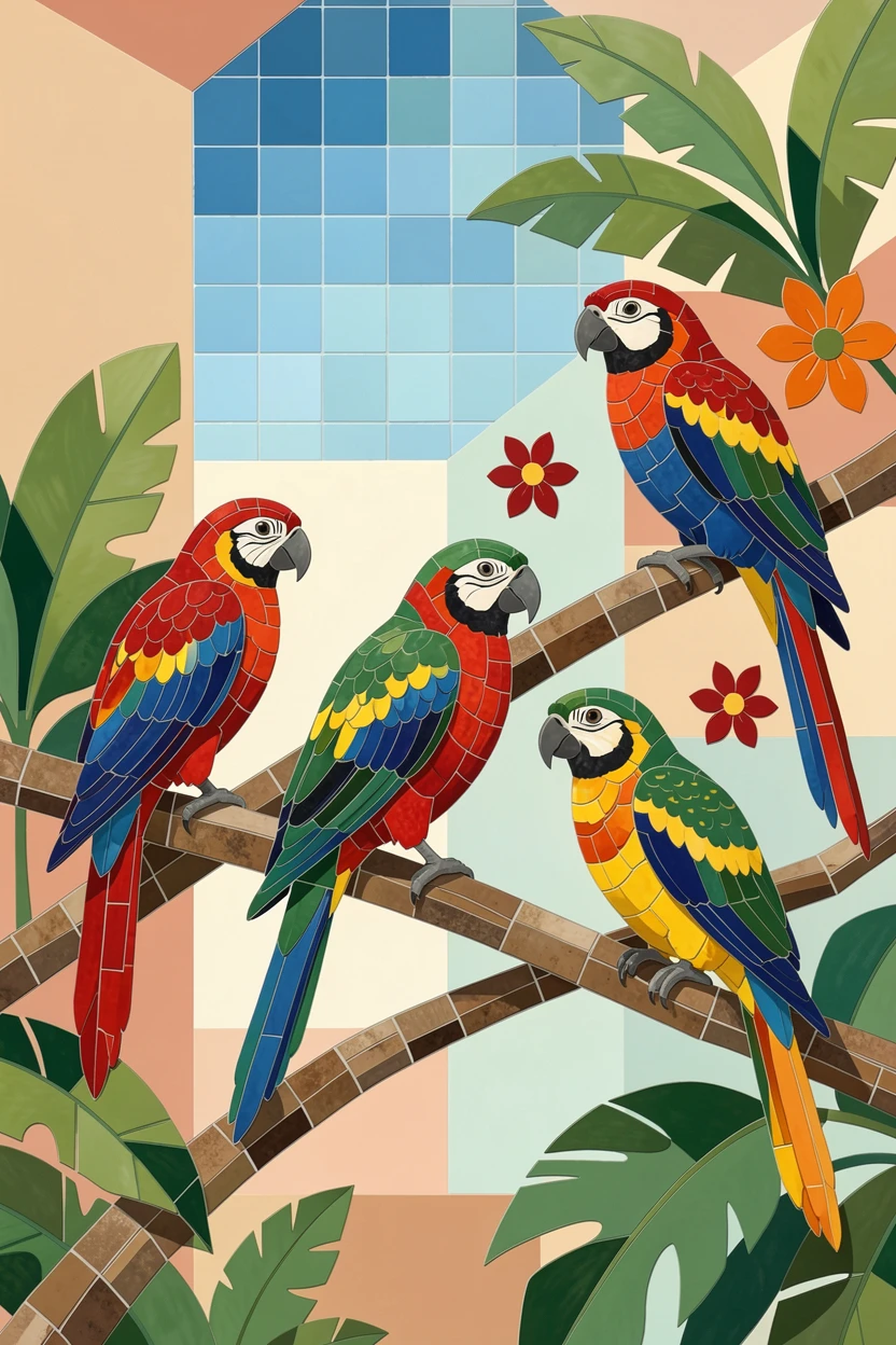 A colorful array of exotic birds perched in a lush tropical aviary.
