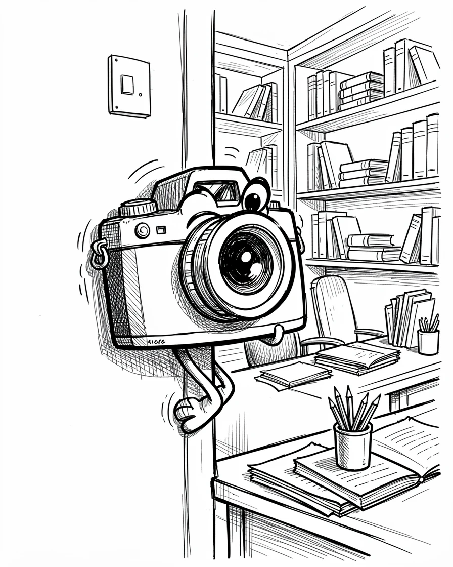 A camera peeking around a corner to snap a photo in a tidy study room.