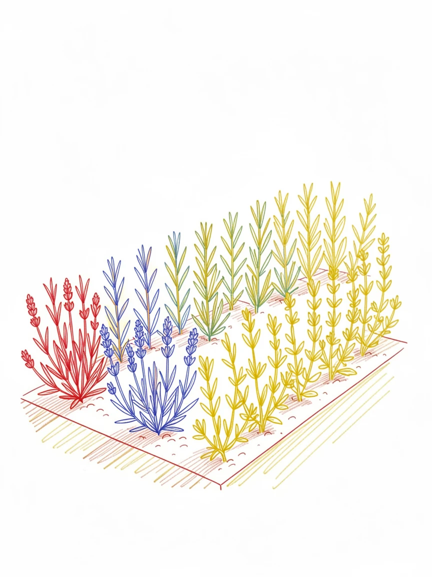 A quiet herb garden with rosemary, lavender, and thyme in neat rows