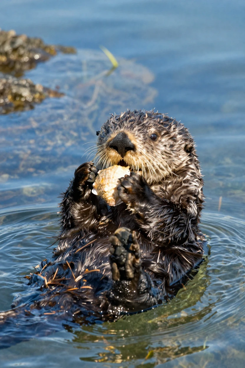 A sea otter cracking a shell on its stomach while floating
