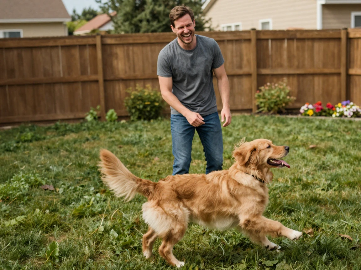 A man laughs uncontrollably watching his dog try to catch its own tail.