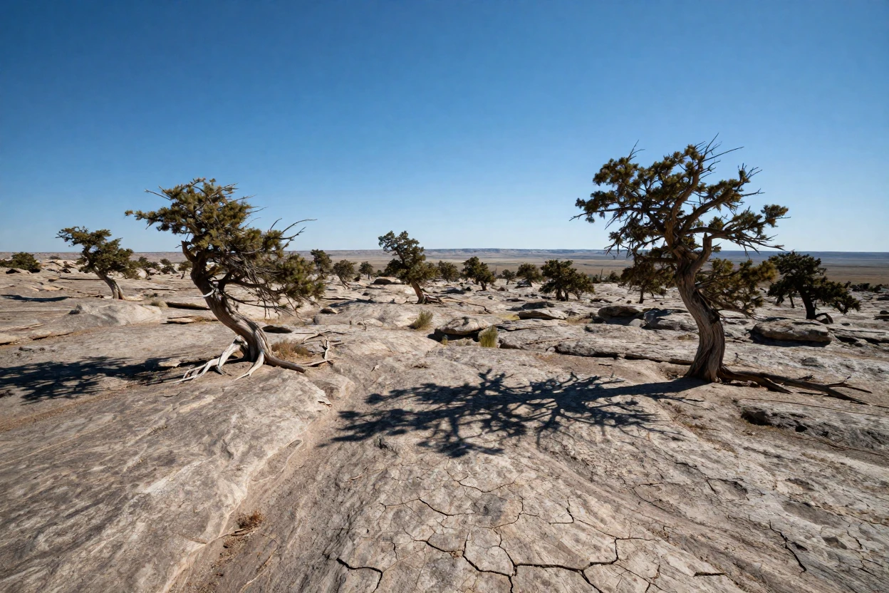 A remote plateau dotted with wind-bent trees, stretching endlessly beneath a blazing midday sun