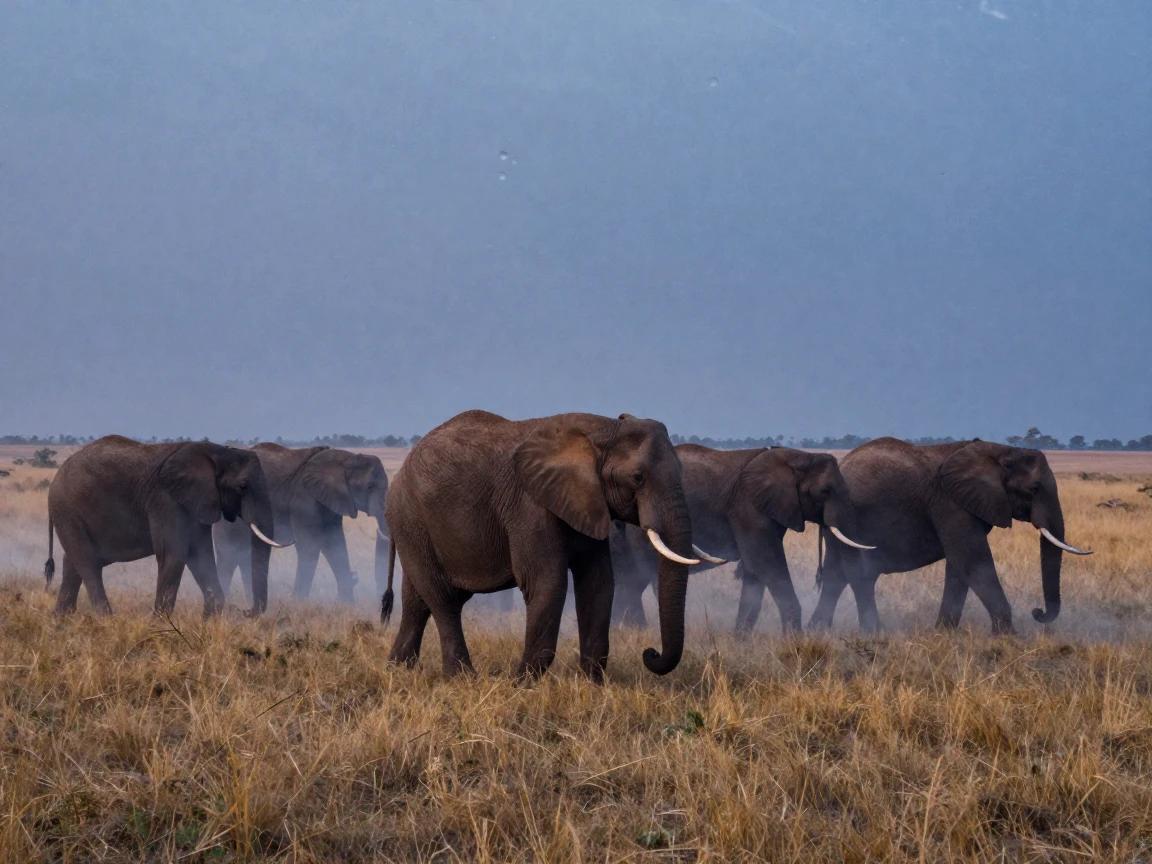 A herd of elephants crossing a golden savanna at dusk, in cool blue twilight, as mist rises off the ground, in early spring, in soft muted pastels, through a rain-streaked window.