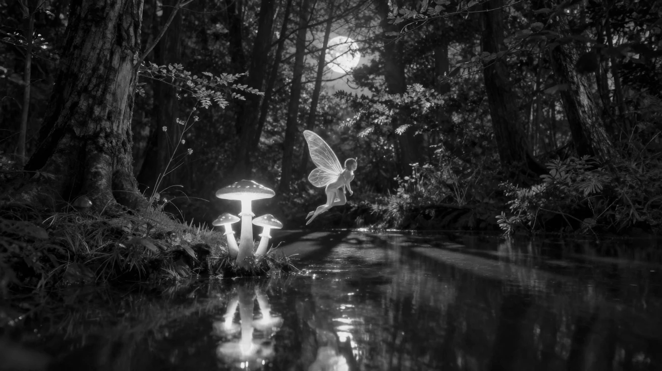 A fairy flutters between glowing toadstools beside a moonlit forest pond.