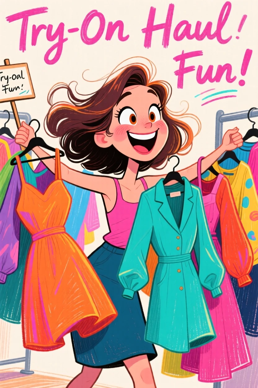 A woman doing a try-on haul, holding up several outfits with excited expressions.