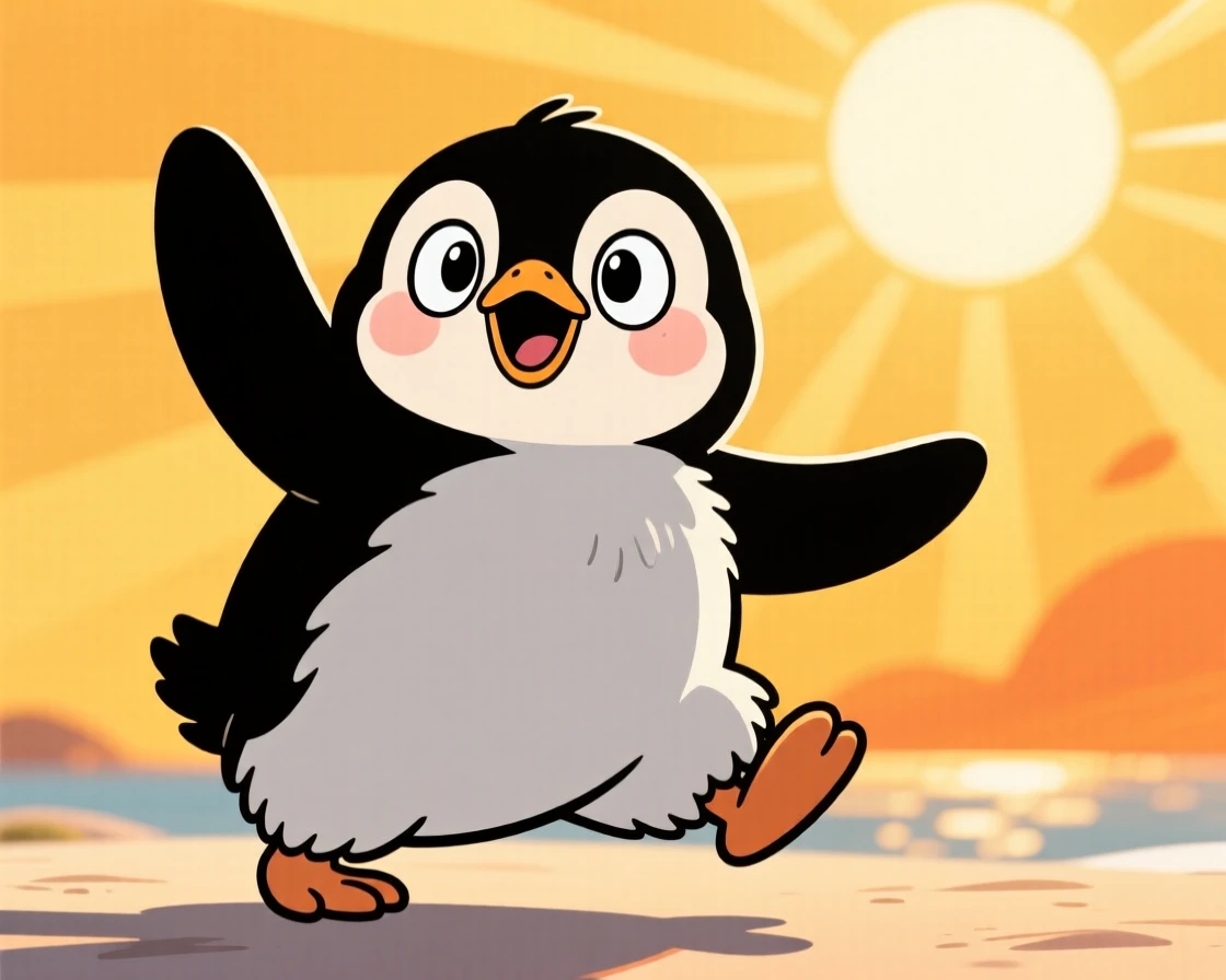 A charming animal moment featuring a wide-eyed baby penguin striking a dramatically exaggerated pose, under a warm golden afternoon sun.
